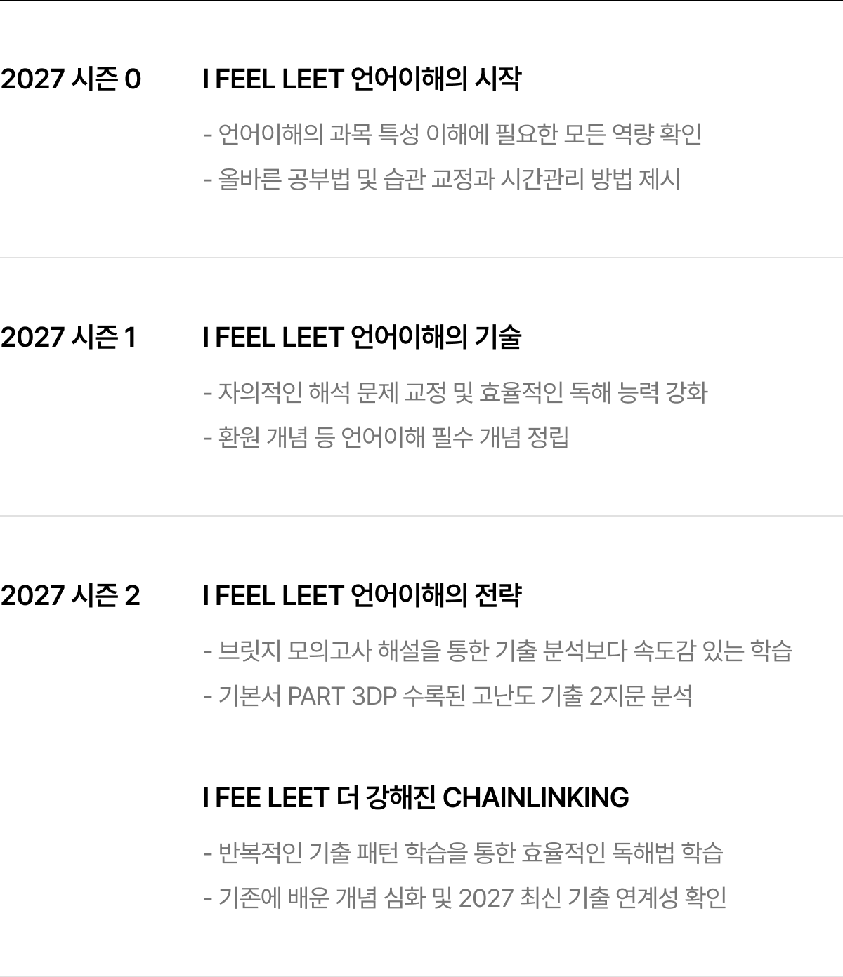2027 시즌 0 I FEEL LEET 언어이해의 시작, 2027 시즌 1 I FEEL LEET 언어이해의 기술, 2027 시즌 2 I FEEL LEET 언어이해의 전략