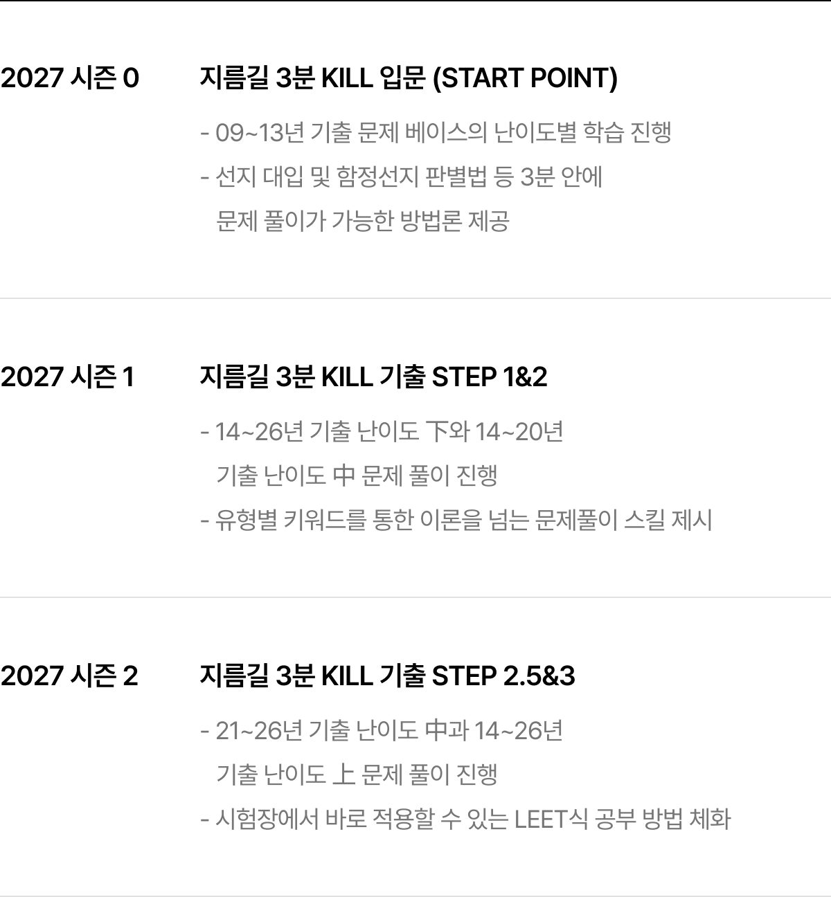 2027 시즌 0 지름길 3분 KILL 입문 (START POINT), 2027 시즌 1 지름길 3분 KILL 기출 STEP 1&2, 2027 시즌 2 지름길 3분 KILL 기출 STEP 2.5&3